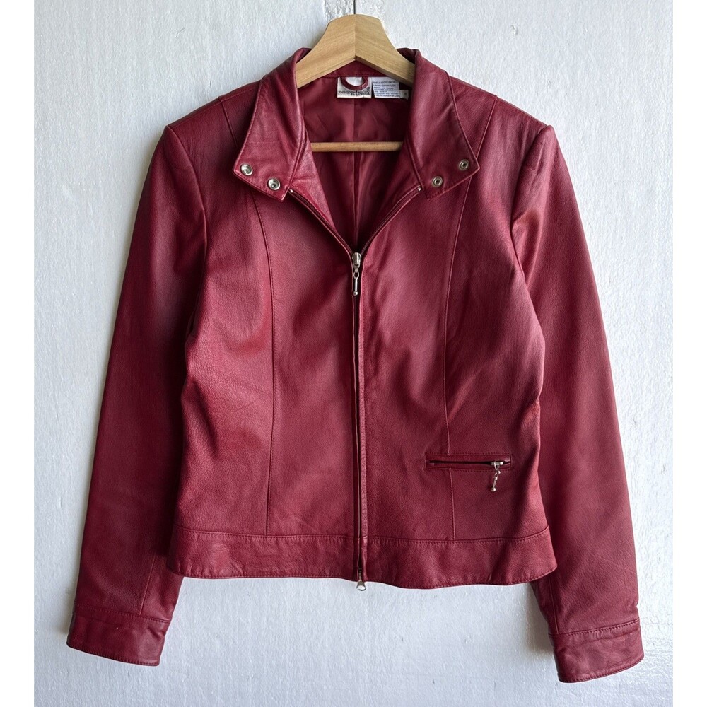 Vintage Newport News Red 100% Leather Motorcycle Jacket Women's Size 10 Preppy